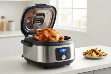 A sleek multi-cooker combo appliance on a kitchen counter featuring a roasted chicken inside.