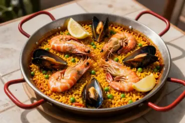 An authentic Spanish seafood paella cooked in a traditional carbon steel paella pan with red handles.