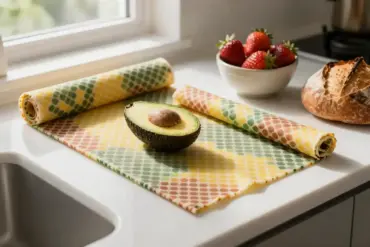 Selection of the best reusable beeswax wraps covering fresh produce and bread on a modern kitchen counter.