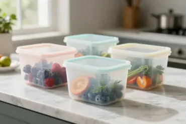 Reusable translucent silicone food storage bags filled with fresh berries and vegetables on a marble counter.