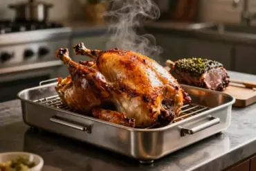 Heavy-duty stainless steel roasting rack holding a golden-brown roasted turkey next to a prime rib roast.