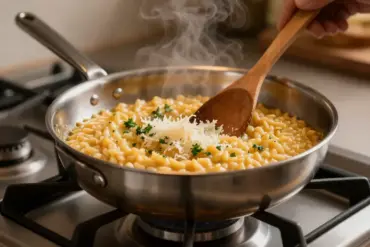 Stainless steel saucier pan stirring creamy risotto on a gas stove top.