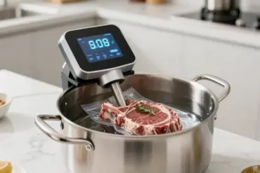 A tested sous vide immersion circulator precision cooking a vacuum-sealed steak in a stainless steel pot.