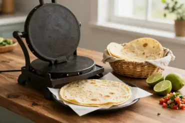 Heavy-duty cast iron tortilla press making fresh corn tortillas for homemade tacos on a rustic kitchen counter.