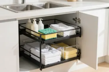 Organized kitchen cabinet space featuring top-rated two-tier pull-out under-sink organizers holding cleaning supplies.