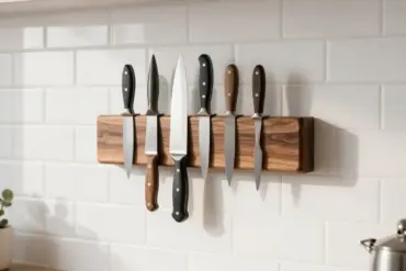 Wall-mounted magnetic walnut wood knife block holding chef knives in a modern kitchen.