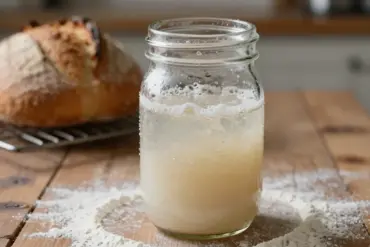 A glass jar of sourdough starter showing condensation and frost for a guide on freezing sourdough starter.