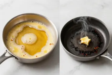 Side-by-side comparison of a pan with golden brown butter and a pan with burnt black butter.