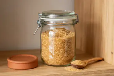 A clear glass jar of soft brown sugar with a terracotta sugar saver on a pantry shelf.