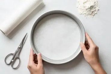 Hands lining a round metal cake pan with a precut circle of parchment paper on a marble counter.