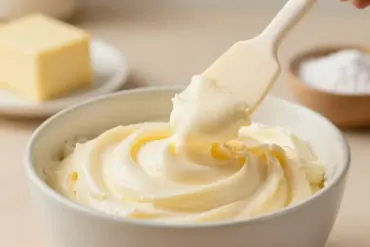A bowl of smooth, silky restored buttercream frosting being lifted with a spatula in a kitchen.