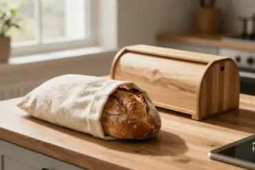 Freshly baked sourdough homemade bread stored in a linen bag next to a wooden bread box to prevent mold growth.