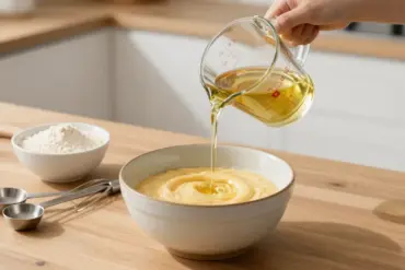 Glass measuring cup pouring golden cooking oil into cake batter on a sunny wooden countertop.