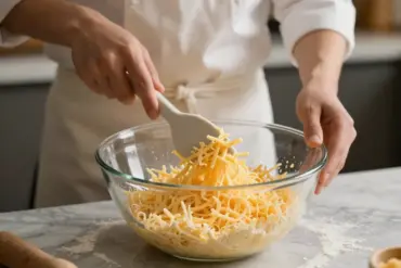 A baker using a rubber spatula to gently fold shredded cheese into a bowl of batter.