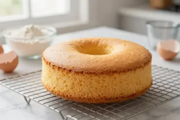 A freshly baked sponge cake with a sunken center resting on a wire cooling rack.