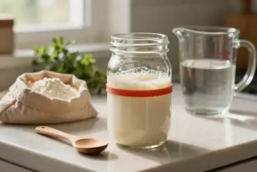 A glass jar with flat sourdough starter not rising marked with a rubber band on a kitchen counter.
